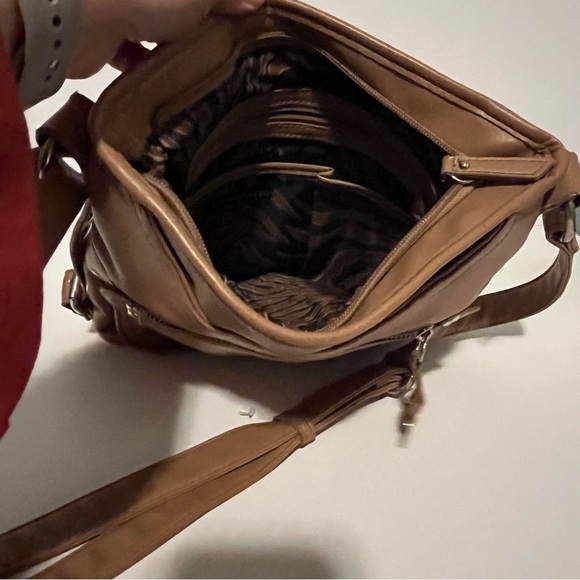 Franco Sarto, Nylon, Tan Crossbody/Shoulder Bag. Button Accent on each side - Picture 6 of 10